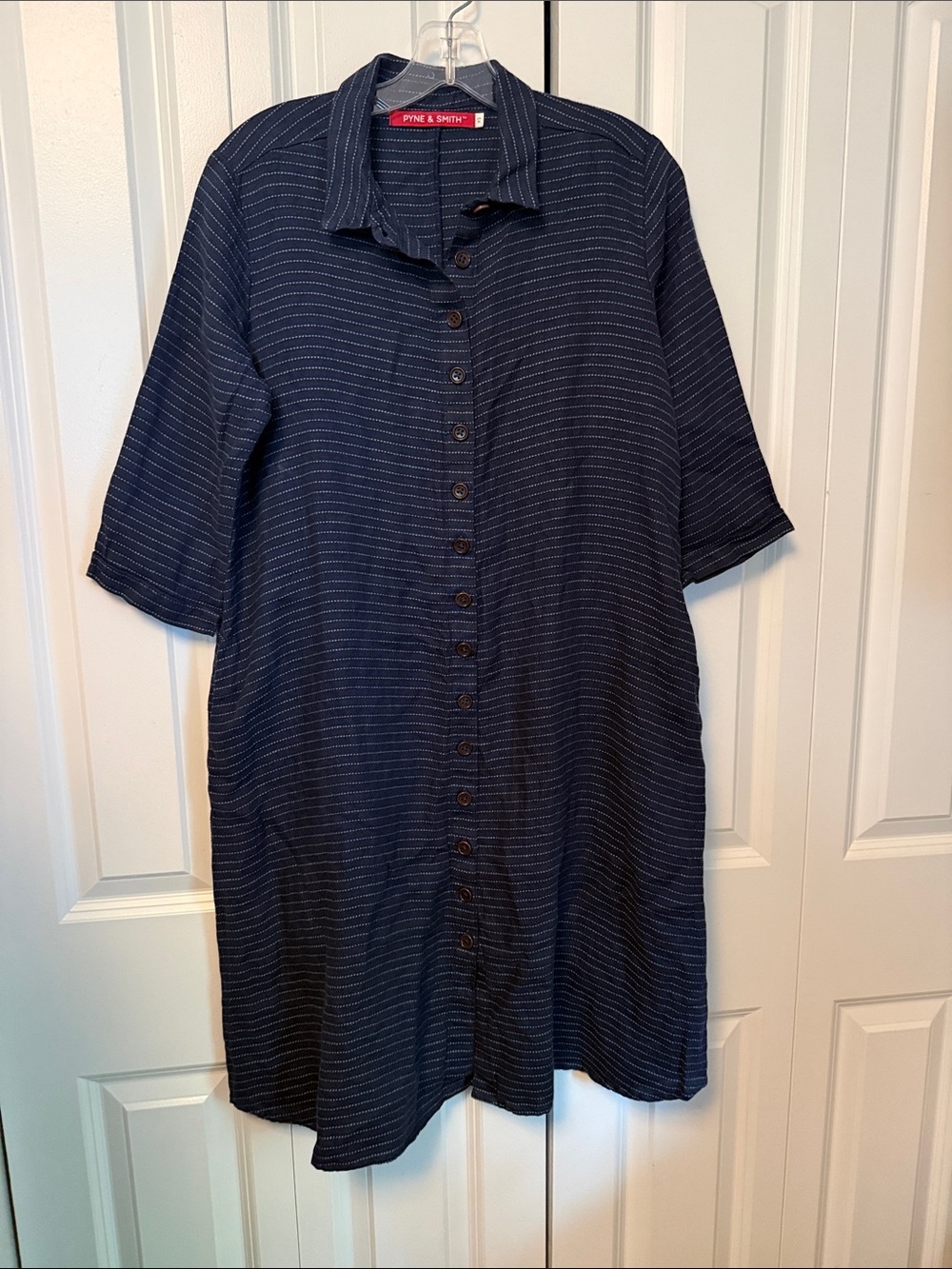 Pine & Smith A-Line Navy Linen Button-Front Shirt Dress